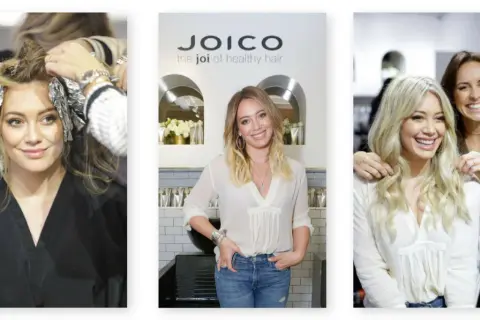 Hilary Duff przechodzi regenerację włosów u fryzjera. Włosy są zawinięte w folię, a potem widać ją z piękną fryzurą.