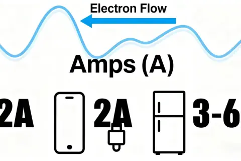 Amper jednostka: 2A dla telefonu, 2A dla ładowarki, 3-6A dla lodówki. Wykres pokazuje przepływ elektronów.