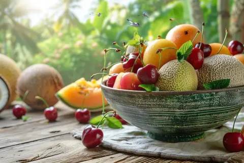 Un bol rempli de fruit en c, cerises, melons, abricots et citrons, sur une table en bois avec un fond tropical.