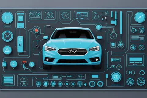 Blå bil omgiven av tekniska diagram och ikoner, som illustrerar ett Lynk & Co problem med bilens system.