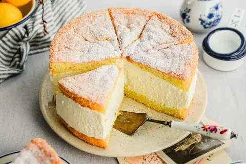 Saftige Quark Sahne Torte, mit Puderzucker bestäubt, auf einem Teller mit Tortenheber. Daneben Zitronen und eine Kanne.
