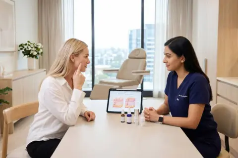 Konsultacja dermatologiczna: co to jest peeling? Lekarka pokazuje pacjentce schemat skóry na tablecie, obok stoją kosmetyki.