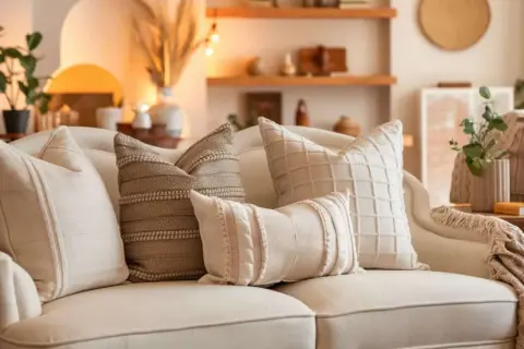 A cozy couch styled with textured pillows, showcasing how to style pillows on a couch for a warm, inviting look.
