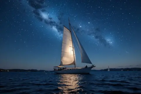 Una nave di notte solca il mare sotto la Via Lattea. Le vele illuminate riflettono la luce stellare, creando un'atmosfera magica.