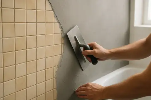 Application d'enduit pour recouvrir le carrelage de la douche. Un artisan lisse le mur avec une truelle.
