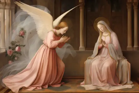 Anioł zwiastuje Maryi, której słowa "Magnificat hymn tekst" rozbrzmiewają w sercu.
