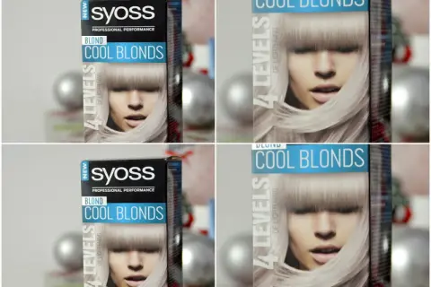 Pudełko farby Syoss Cool Blonds, obiecujące 4 poziomy rozjaśnienia dla idealnego blondu.