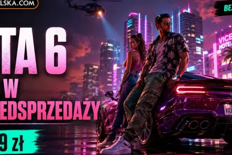 Para GTA VI premiera, para pozuje przy sportowym aucie w neonowym mieście. W tle helikopter i wieżowce.