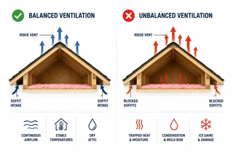 Balanced attic ventilation with soffit intake allows continuous airflow, unlike blocked soffits which trap heat and moisture.