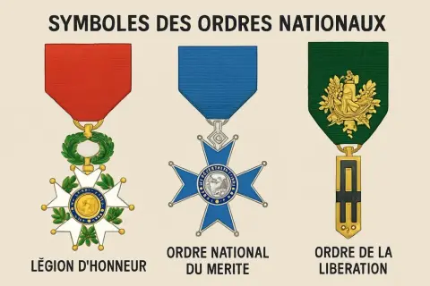 Trois décorations françaises : Légion d'honneur, Ordre national du Mérite, Ordre de la Libération. Symboles de l'honneur et de la patrie.