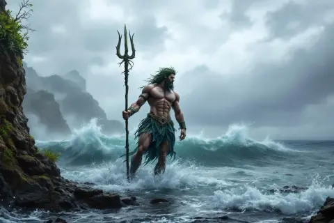 Poseidon dieu des mers, debout dans les vagues déchaînées, tenant son trident. Le ciel est menaçant, les montagnes se dressent au loin.