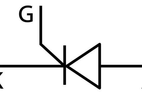 Schematyczny symbol tyrystora z oznaczeniami K (katoda), A (anoda) i G (bramka).