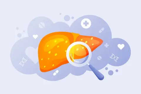 Wizualizacja wątroby pod lupą, symbolizująca pracę hepatologa. W tle chmury z symbolami medycznymi: serce, krzyż, DNA, tabletki.