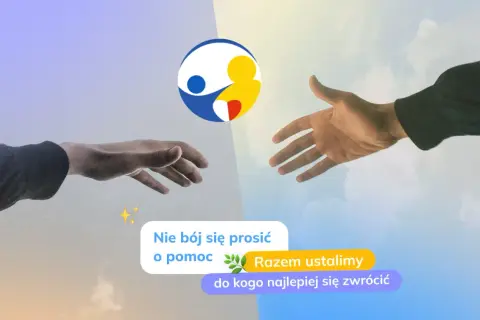 Dwie dłonie wyciągnięte ku sobie, symbolizujące pomoc. W tle logo i tekst: "Nie bój się prosić o pomoc. Razem ustalimy, do kogo najlepiej się zwrócić." Wsparcie od lekarza psychologa.