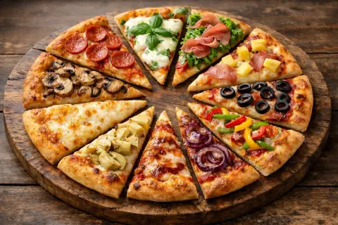 Un assortiment de parts de pizza aux garnitures variées : pepperoni, champignons, artichauts, olives, poivrons, oignons rouges, jambon, ananas. Une belle idée garniture pizza pour tous les goûts.