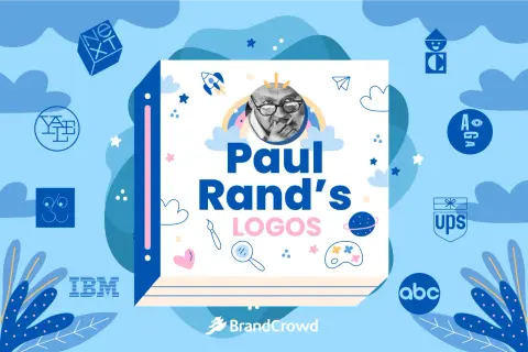 A collage celebrating Paul Rand's logos, featuring his portrait and iconic designs like IBM, UPS, and ABC, set against a whimsical blue background with clouds and stars.