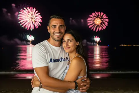 Coppia abbracciata sulla spiaggia con fuochi d'artificio rosa e verdi sullo sfondo. Un'idea perfetta per cosa fare a Ferragosto.