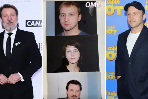 Trzy portrety: starszy mężczyzna w garniturze, młody mężczyzna i kobieta, oraz mężczyzna w czapce. To obsada filmu "Był sobie kot".