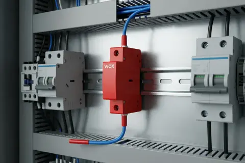 Czerwony moduł VIOX, chroniący przed łukiem elektrycznym, zamontowany w szafie sterowniczej obok wyłączników.