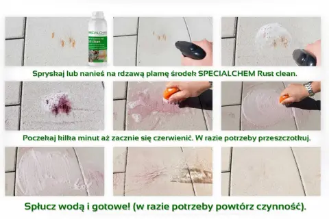 Demonstracja chemicznego usuwania rdzy z kostki brukowej za pomocą SPECIALCHEM Rust clean. Efekty widoczne po spryskaniu, szczotkowaniu i spłukaniu.