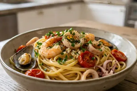 Un plat de pâtes aux fruits de mer, garni de crevettes, calamars, moules et tomates cerises, parsemé de persil frais.