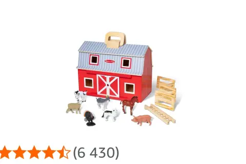Drewniana stodola Melissa & Doug z figurkami zwierząt: krowa, koza, koń, owca, pies, indyk i świnka.