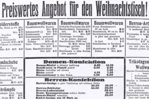 Preise von 1923: Kleider, Stoffe, Herren-Artikel. Ein Blick auf die Hyperinflation 1923.