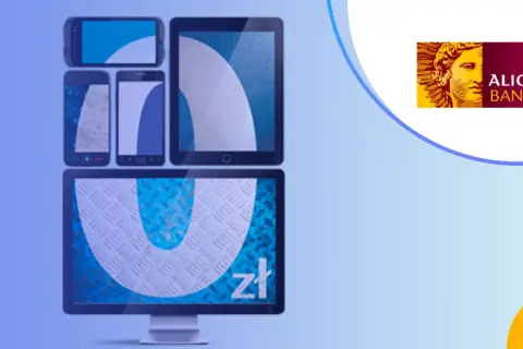 Nowoczesne urządzenia, w tym komputer z symbolem "zł", oraz logo Alior Bank. Wpłatomat BLIK to wygoda płatności.