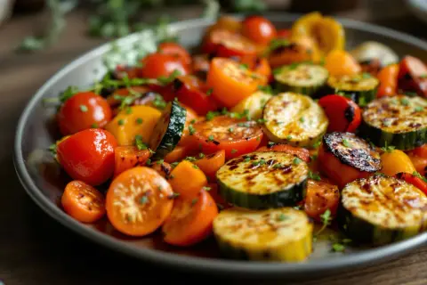 Assiette de **légumes grillés au four** : tomates cerises, courgettes et poivrons, parsemés d'herbes fraîches.
