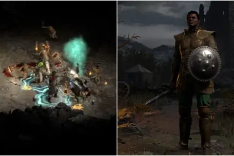 Paladyn z Diablo 2 w zbroi, walczący z potworami w jaskini i stojący na tle zamku.