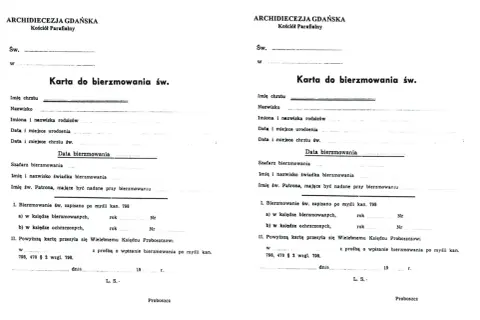 Karta do bierzmowania św. z Archidiecezji Gdańskiej, zawiera dane kandydata, rodziców, świadków i datę sakramentu.