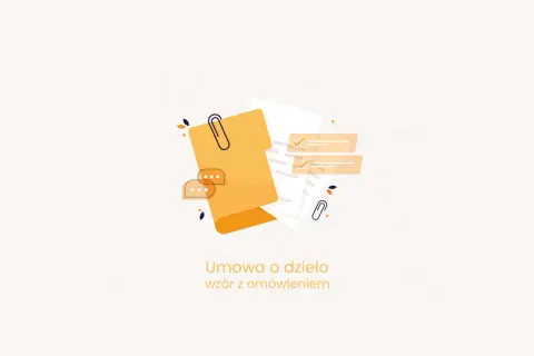 Ilustracja przedstawia dokumenty, spinacz i dymki czatu, symbolizujące umowę o dzieło po angielsku.