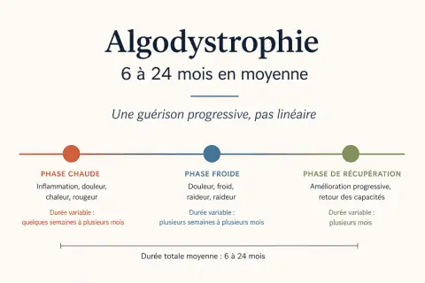 Schéma des phases de l'algodystrophie : chaude, froide, récupération. Le temps de guérison algodystrophie est en moyenne de 6 à 24 mois.