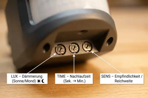 Nahaufnahme von drei Einstellrädern an einem Bewegungsmelder: LUX (Dämmerung), TIME (Nachlaufzeit) und SENS (Empfindlichkeit/Reichweite). So lässt sich der Bewegungsmelder einstellen.