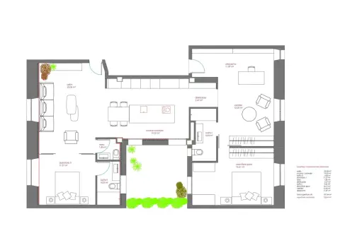 Plano de reforma con ideas para unir dos casas: salón, cocina-comedor, dormitorios, baños, vestidor y despacho.