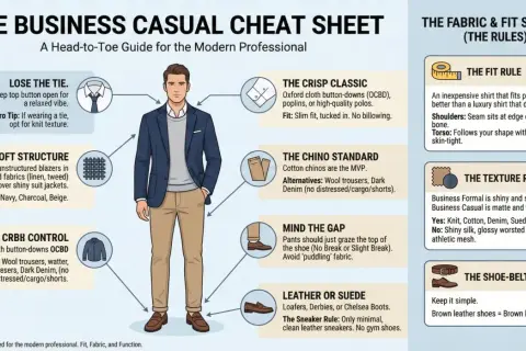 Mann im **Business Casual Attire**: dunkelblaues Sakko, graues Hemd, Khaki-Hosen, braune Loafer. Tipps für Passform und Stoff.