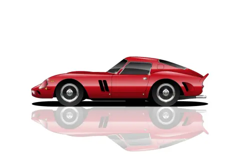Un icónico Ferrari de los años 70, rojo brillante, con su reflejo perfecto.
