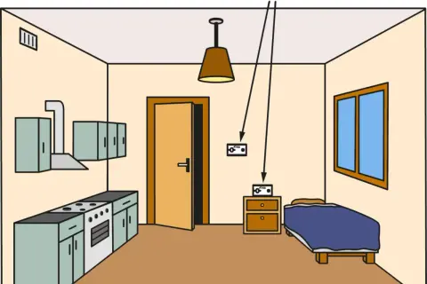 Ilustracja pokazuje zalecane miejsca montażu czujnika czadu w kuchni i sypialni.