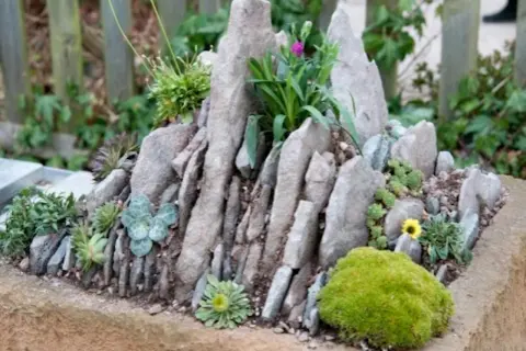 Kleine Felsenlandschaft mit Sukkulenten und Moos. Tolle Steingarten Ideen für ein Miniatur-Gebirge.