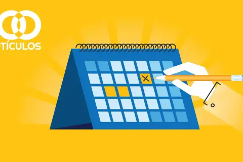 Un calendario anual muestra un día marcado con una X. El texto "100 ARTÍCULOS" aparece en la esquina superior izquierda.