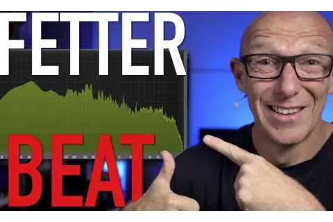 Mann zeigt auf Spektrumanalysator mit "FETTER BEAT" und grünen Kurven, die auf kraftvolle drum loops hindeuten.