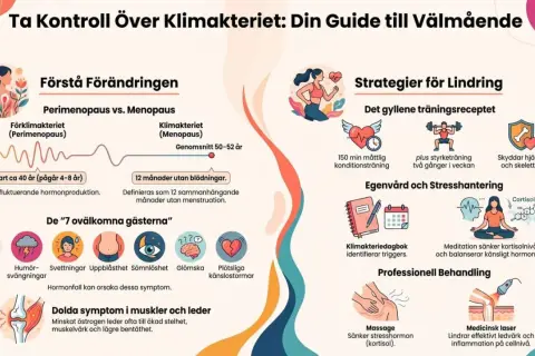 Grafik om klimakteriet, dess faser, symptom som viktuppgång, och strategier för lindring genom träning, egenvård och behandling.