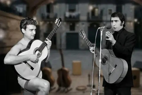 Dos guitarristas interpretan rumba catalana actual en un escenario al aire libre. Uno canta y toca la guitarra, el otro solo toca.