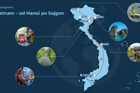 Mapa pokazuje trasę podróży po Wietnamie, od Hanoi po Sajgon, z zaznaczonymi miastami: Sapa, Ha Long, Ninh Binh, Hoi An i Ho Chi Minh.