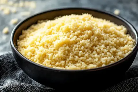 En skål med fluffig, gyllene bulgur, redo att koka. Perfekt som tillbehör till din måltid.