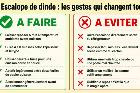 Conseils pour une escalope de dinde parfaite : à faire et à éviter. Laissez reposer, cuisez juste ce qu'il faut, utilisez beurre et huile, aplatissez et assaisonnez. Évitez le froid, la surcuisson, la mauvaise huile et le manque de repos.