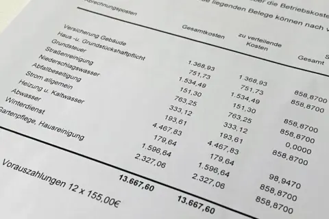 Eine Vorlage Nebenkostenabrechnung mit detaillierten Kostenaufschlüsselungen für Gebäudeversicherung, Grundsteuer, Heizung, Wasser und mehr.