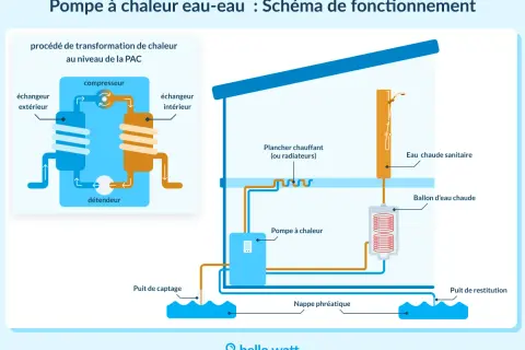 Schéma illustrant le fonctionnement d'une pompe à chaleur eau-eau, de la nappe phréatique au chauffage et à l'eau chaude sanitaire.
