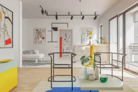 Nowoczesne wnętrze inspirowane Bauhaus Niemcy: geometryczne obrazy, żółty barek, minimalistyczne meble i dużo światła.