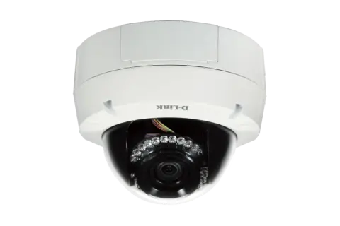 Caméra de surveillance D-Link blanche, type dôme, avec lentille et LED infrarouges visibles. Une caméra WDR pour une vision claire.